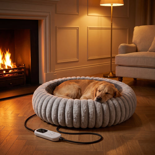 Dog asleep in the Light Grey NUZZO heated bed by a fireplace