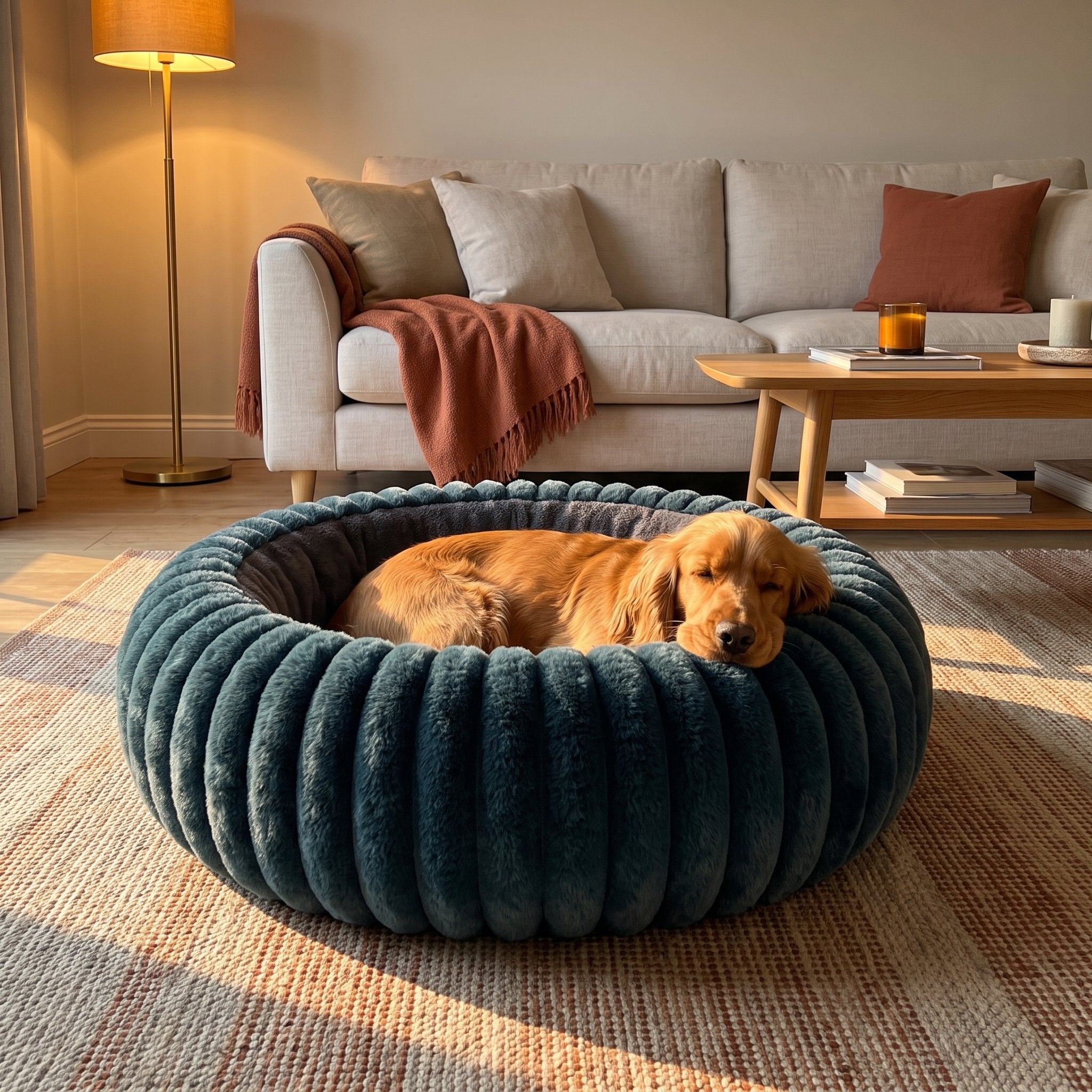 A large dog curled up in the size L NUZZO